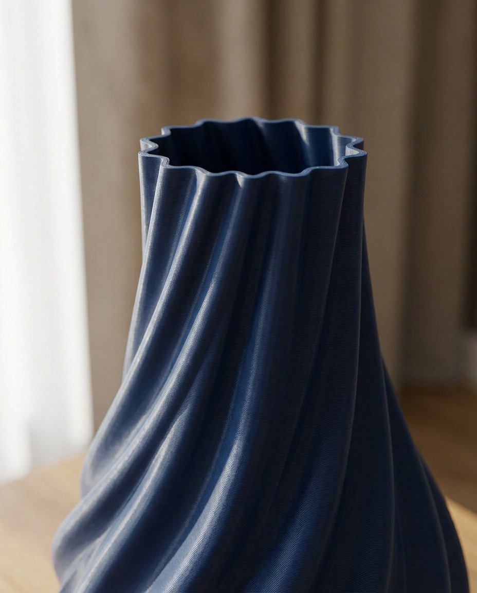 Dettaglio delle nervature a spirale e del bordo del vaso ARLO blu