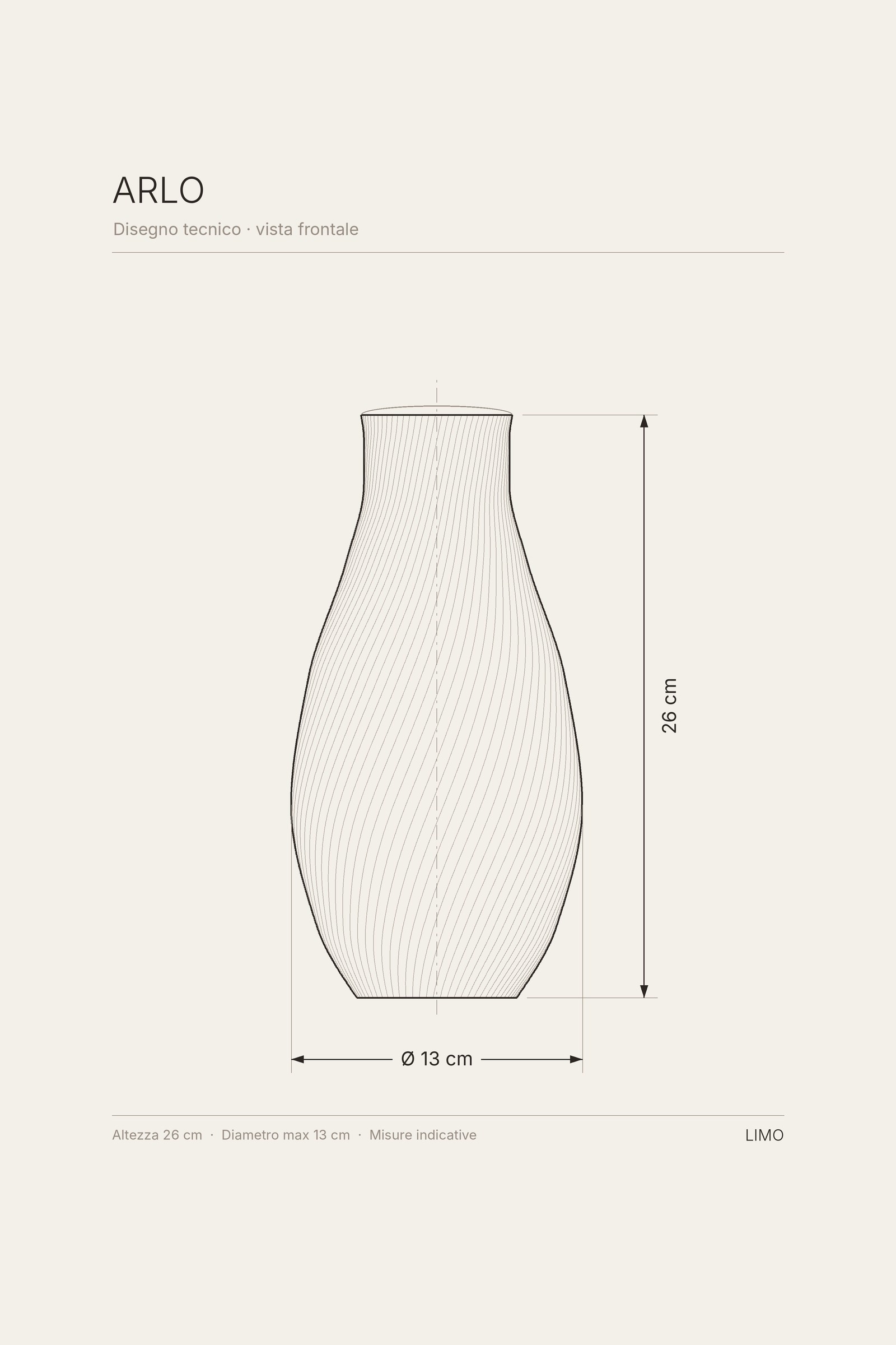 Disegno tecnico del vaso ARLO: vista frontale con altezza e diametro in centimetri