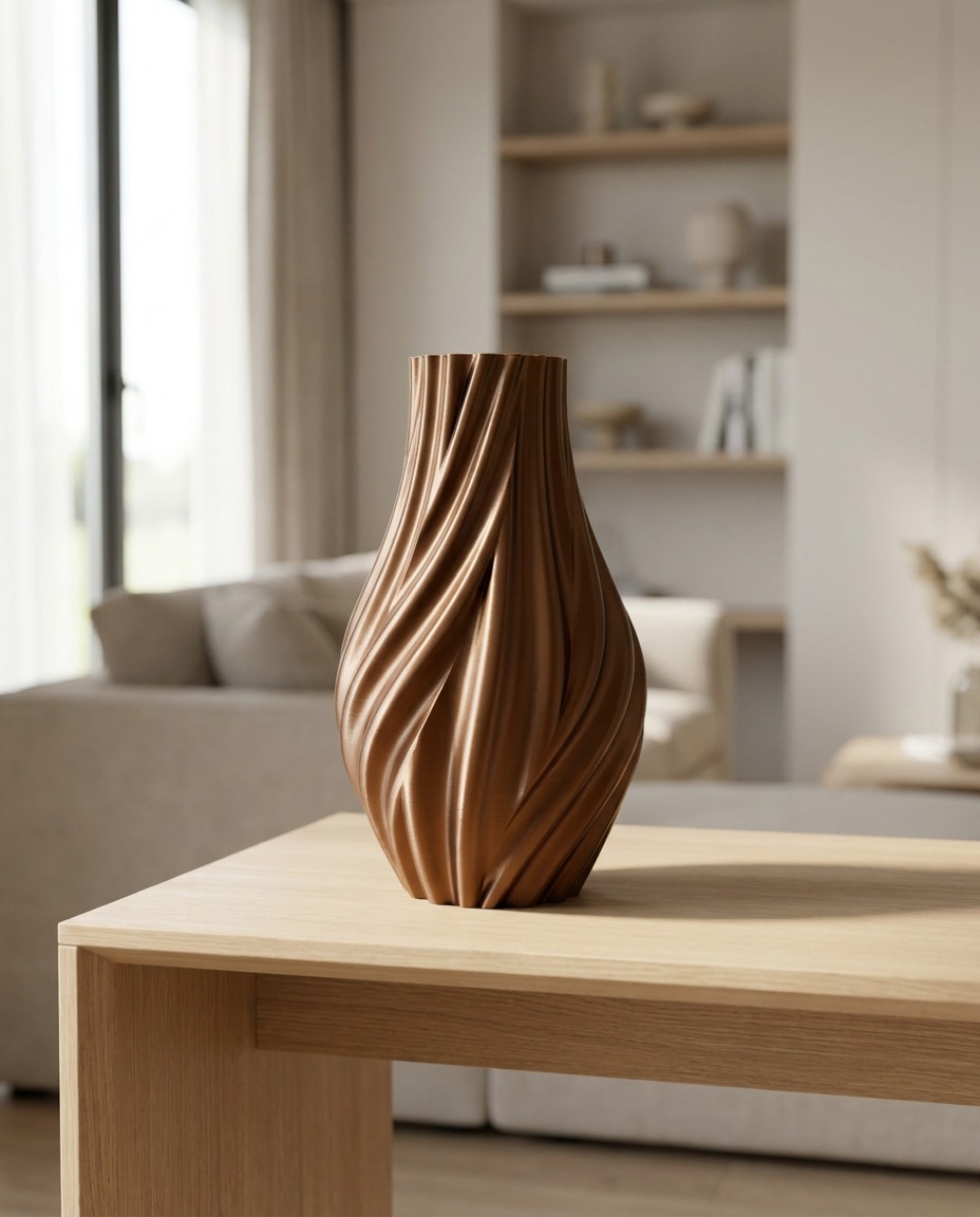 Vaso ARLO color rame stampato in 3D con nervature a spirale su tavolo in rovere chiaro