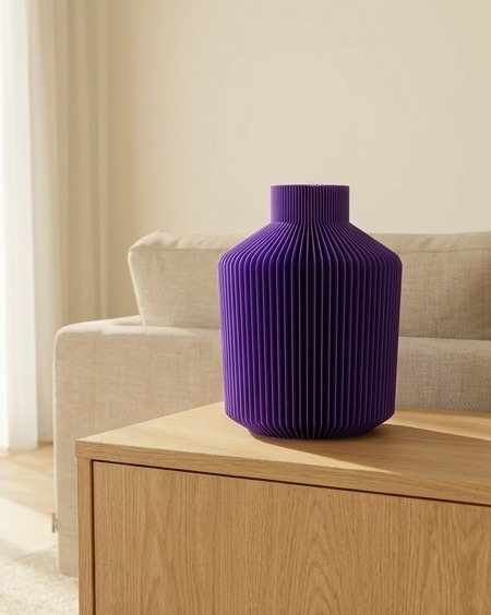Vaso LUMA Basso viola stampato in 3D su mobile in rovere accanto a un divano