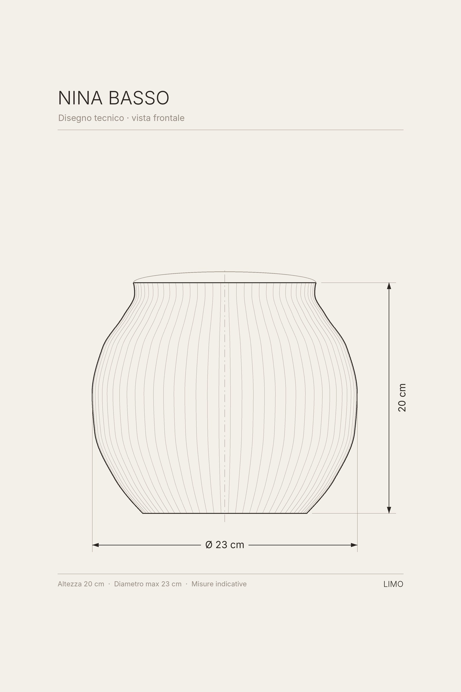 Disegno tecnico del vaso NINA basso: vista frontale con altezza e diametro in centimetri