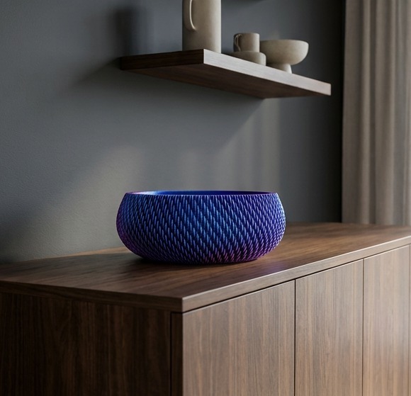 Centrotavola VANO red purple su credenza in noce sotto una mensola