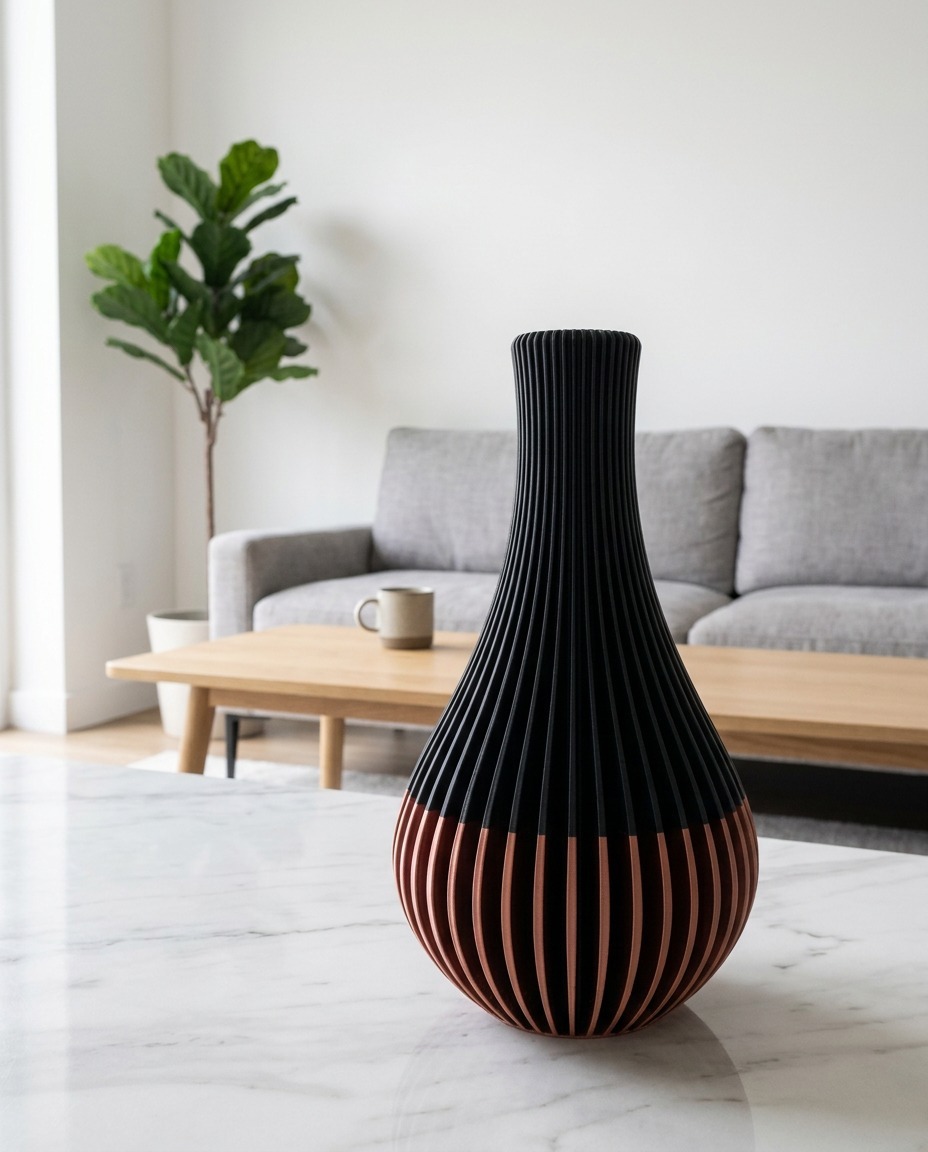 Vaso ZENO Alto bicolore rame e nero stampato in 3D su tavolo in marmo in un living