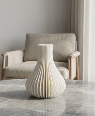 Vaso ZENO bianco su tavolino in marmo grigio con poltrona sullo sfondo Vaso ZENO bianco su tavolino in marmo grigio con poltrona sullo sfondo