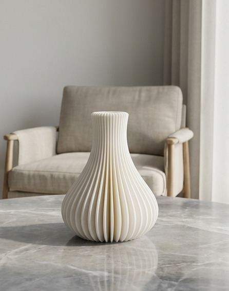 Vaso ZENO bianco su tavolino in marmo grigio con poltrona sullo sfondo