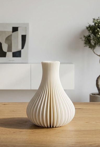 Vaso ZENO bianco stampato in 3D su tavolo in legno