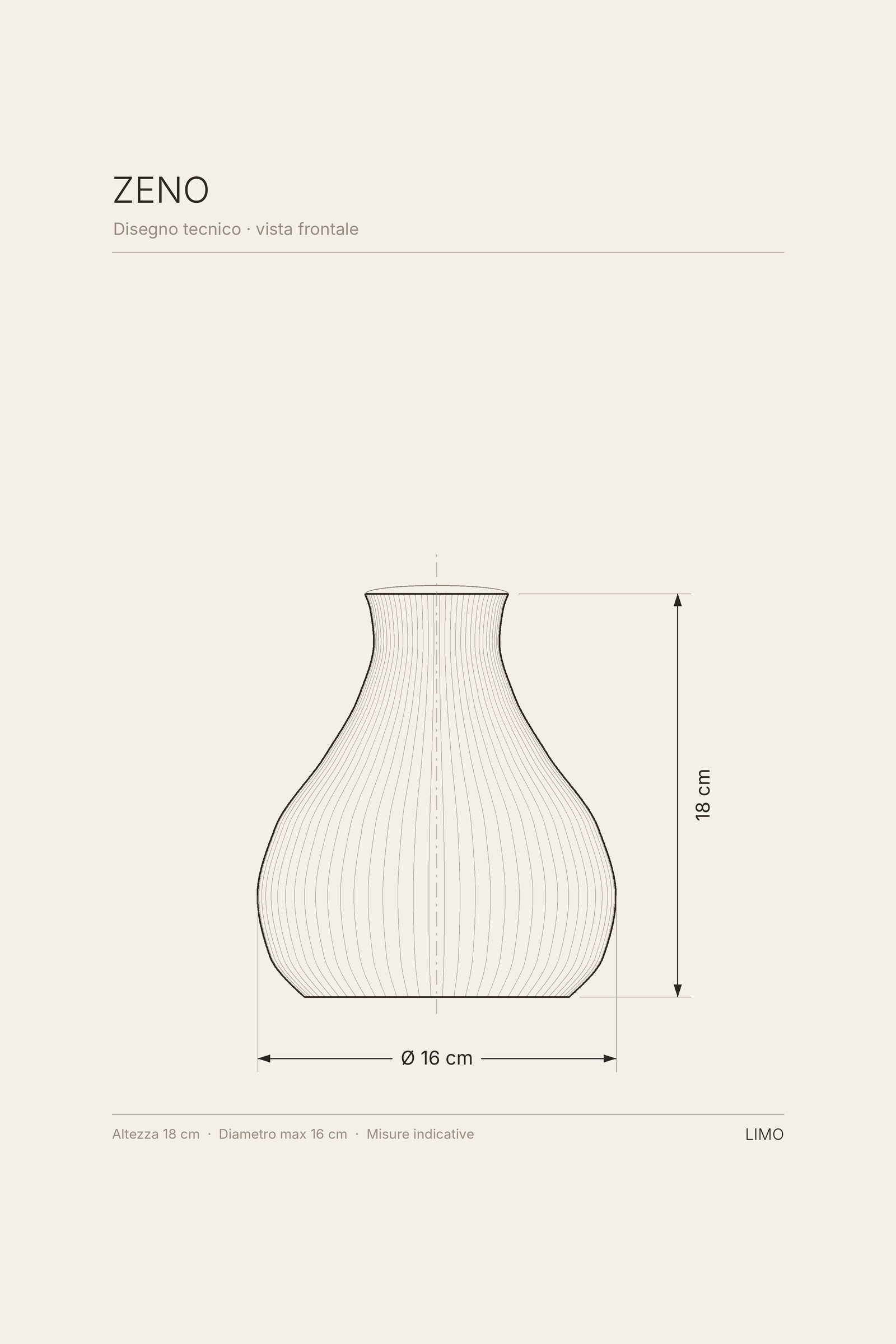 Disegno tecnico del vaso ZENO: vista frontale con altezza e diametro in centimetri