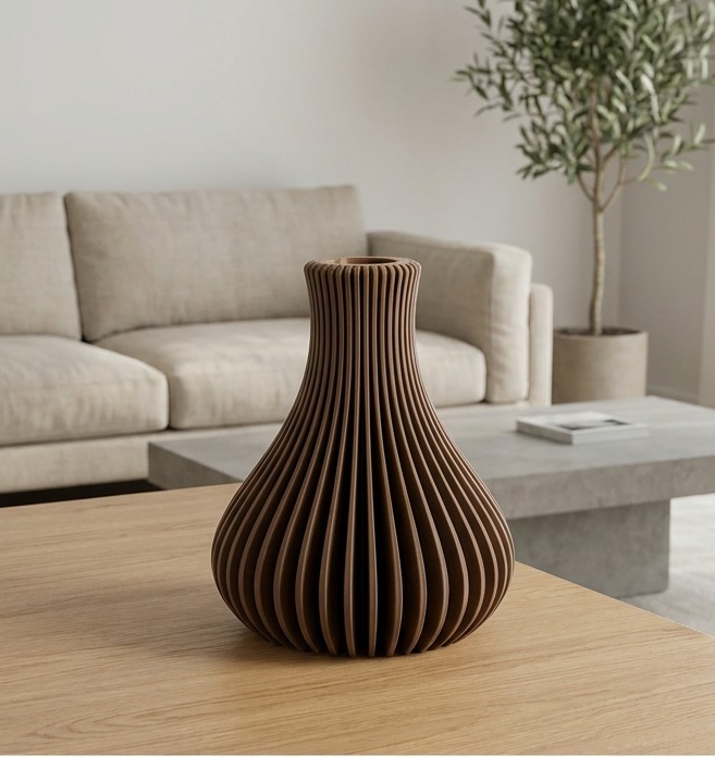 Vaso ZENO marrone stampato in 3D su tavolo in legno in un living